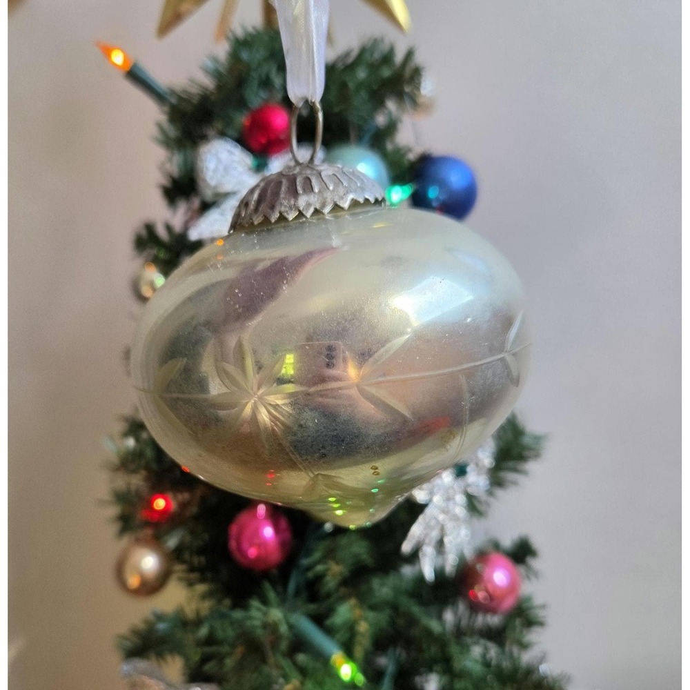 Vintage Silver Glass Christmas Ornament – Etched Floral Teardrop
